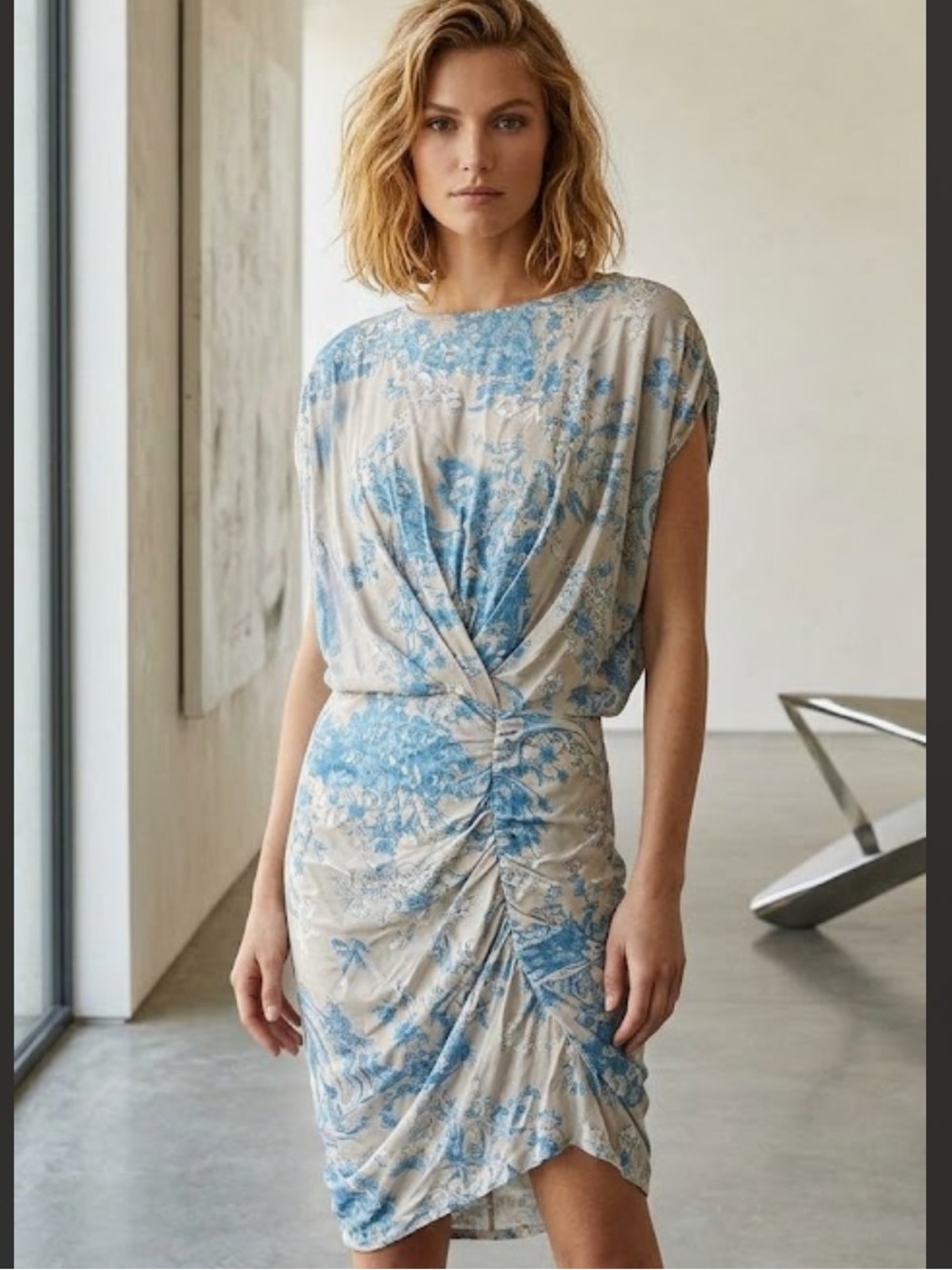 Thakoon Beige Blue Floral Print Draped Ruched Viscose Silk Dress